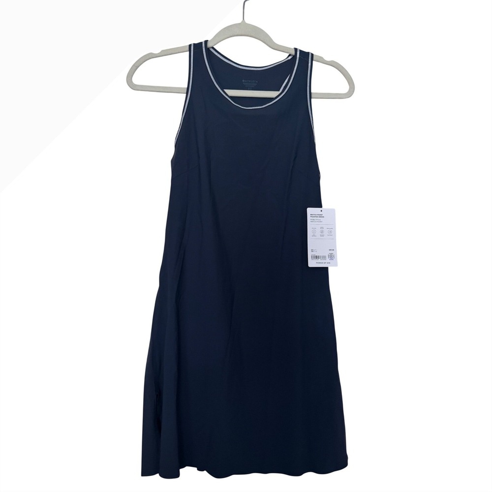 Athleta Navy Blue Match Point Tank Dress Back Pleated Tennis Preppy Small NWT